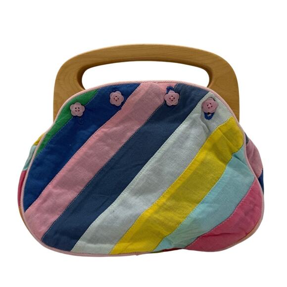 Vintage Y2K Gap Kids Stripe Wooden Handles Bermuda Bag Purse - Picture 1 of 15